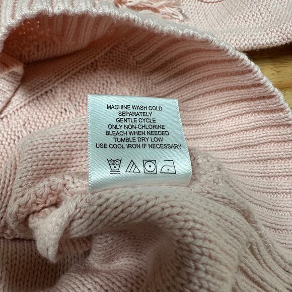 KIKIT NWT Pink Cable Knit Fringe Sleeve Trim Crew Neck Sweater Size L Rib Trim - Picture 8 of 10